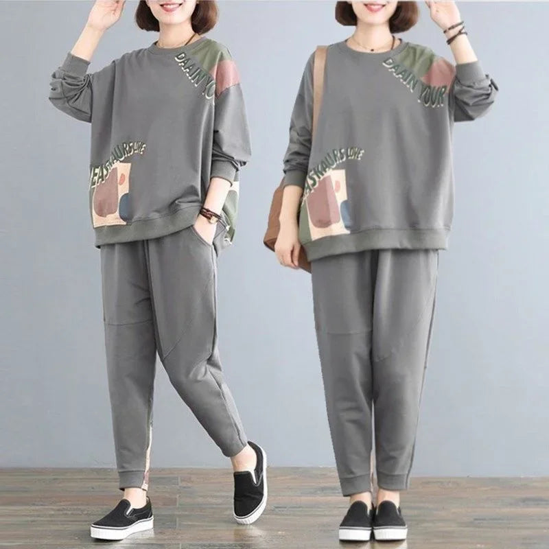 Amay Women's Leisure Sports Suit Summer New Korean Fashion Printing Loose Crop Tops Pants 2 Two Piece Sets for Women Tracksuit