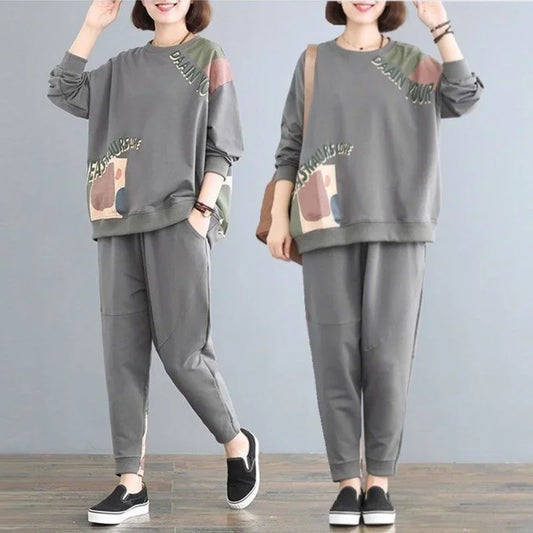 Amay Women's Leisure Sports Suit Summer New Korean Fashion Printing Loose Crop Tops Pants 2 Two Piece Sets for Women Tracksuit