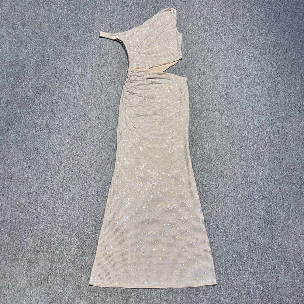 Maxy Beige One-Shoulder Sequin Long Dress Summer Asymmetrical Sleeveless Diamond Cocktail Party Clubnight Evening Gown