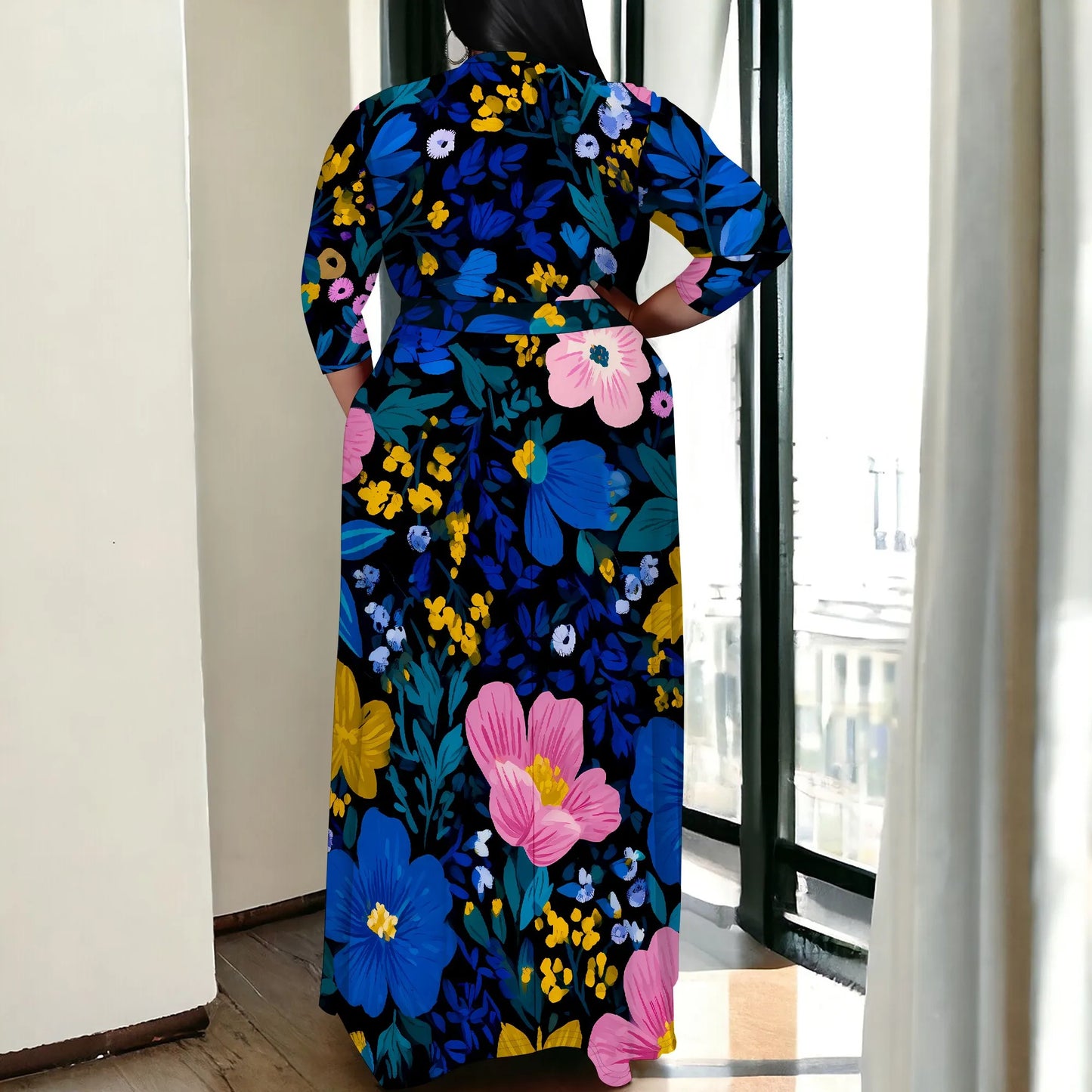 Maxy Plus Size Women's 3/4 Sleeve V-Neck Floral Print Wrap Maxy Dress Elegant Bohemian Casual Dress