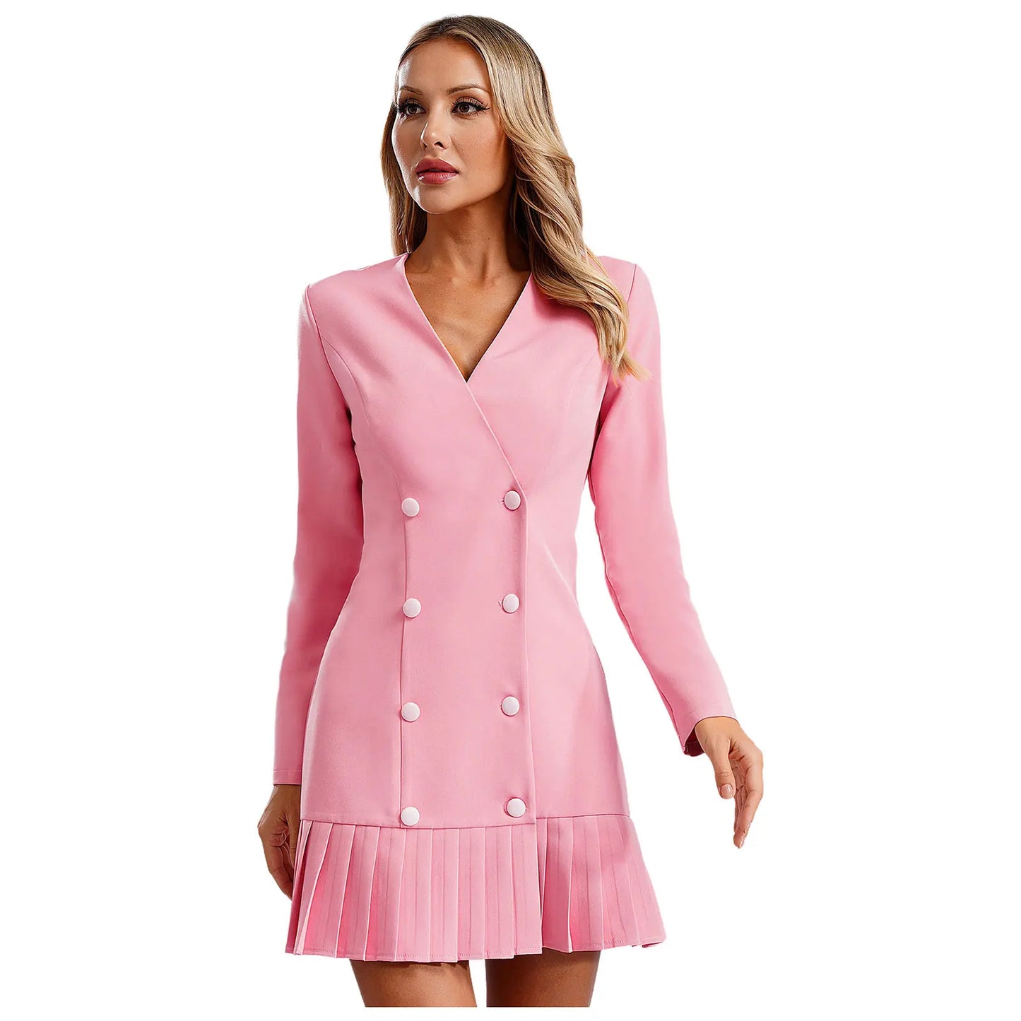 Maxy Fashion Women Blazer Dress Long Sleeve V-neck Pleated Hem Double-breasted Dress for Work Commuting Party Daily OL Formal Clothes