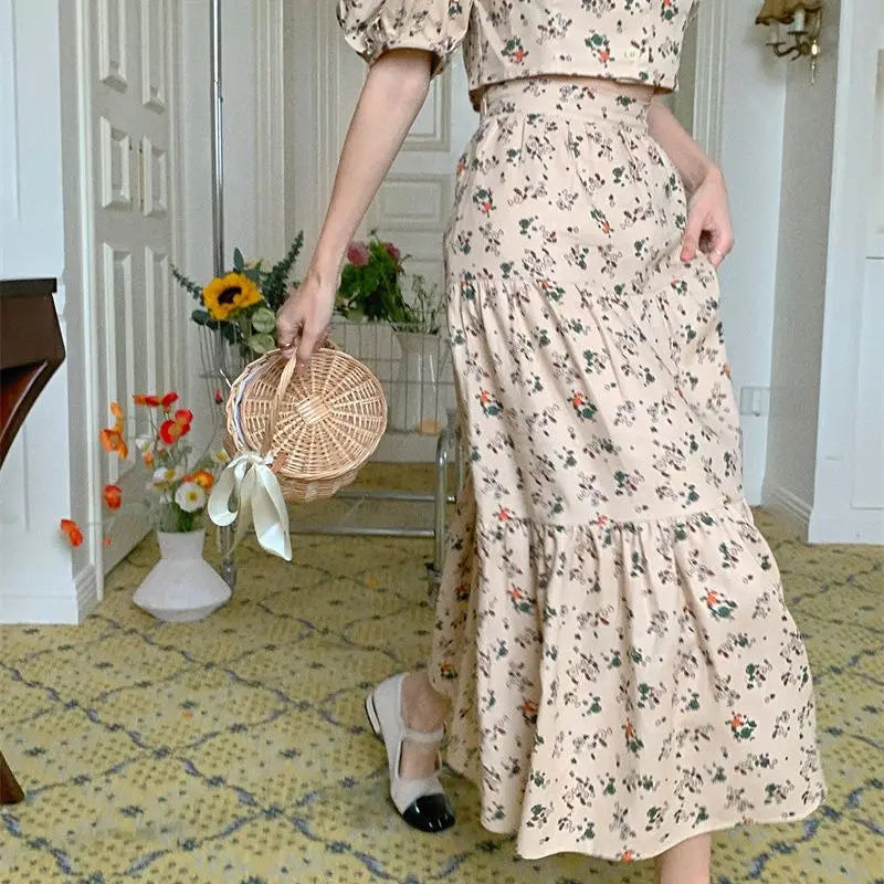 Maxy Vintage Floral Two Piece Set Women Elegant Cropped Top Slim A-line Long Skirt Sets Female Casual Sweet Printing Party Skirt Set
