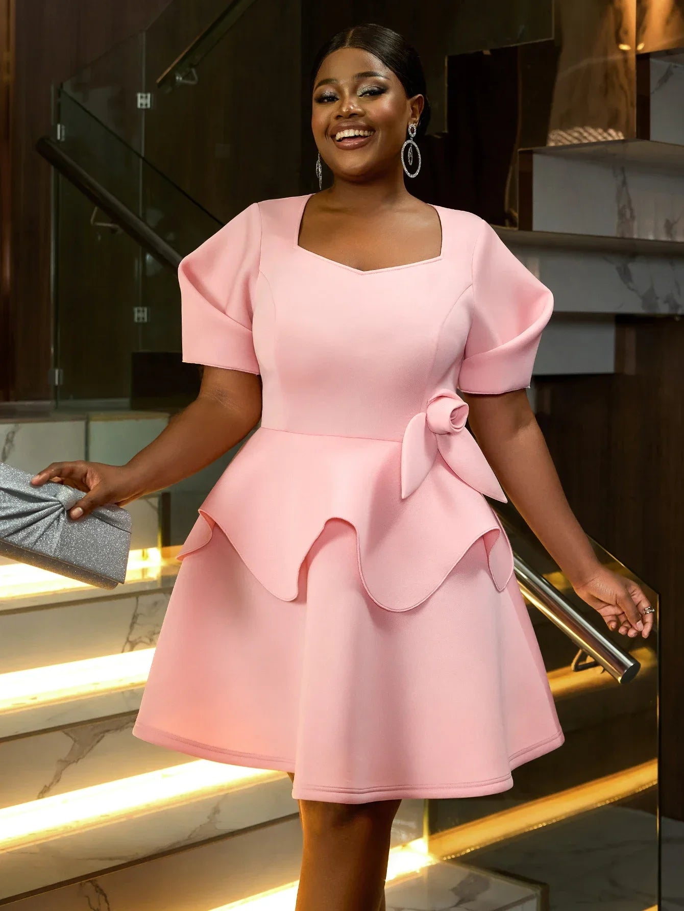 Pink A Line Dresses Ruffles Short Sleeves Dressing for Wedding Guest Birthday Occasion Female Gowns Female Sweet Styles New 2025