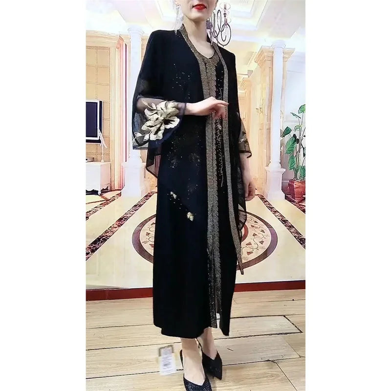 Maxy Female Fashion Sets Skirt Loose Slim Temperament Two-piece Dress Women High-end Heavy Industry Embroidery Rhinestones Dress