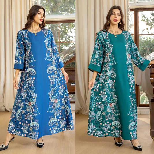 Amay Elegant Arab Saudi Printing Pearls Long Dresses Galabia Muslim Eid Women Abayas Islam Clothing Turkish African Kebaya New