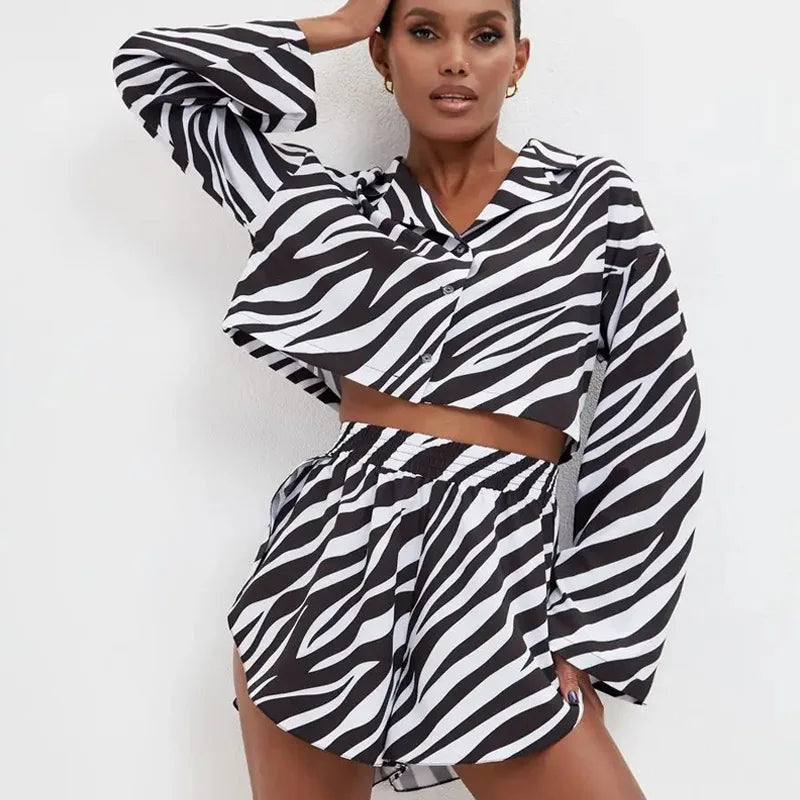 Maxy Fashion Striped Short Long-sleeved Shirts and Shorts Two Piece Sets Womens Outifits