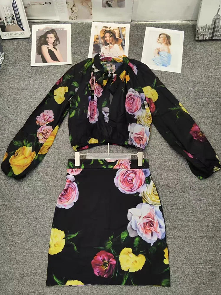 Maxy Retro flower prints long-sleeved shirt top spring/summer new+slim hip mini short skirt elegant two-piece women's suit