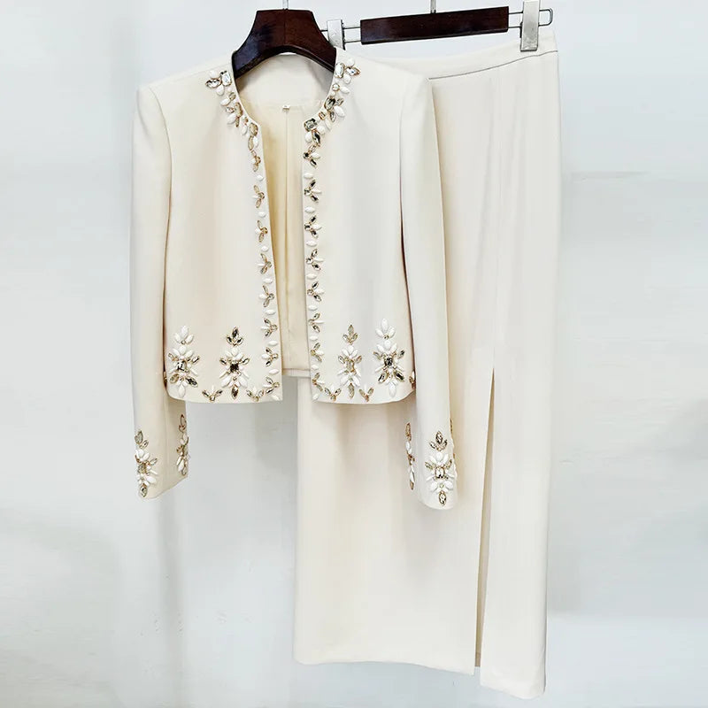Maxy Luxury Beading Crystal Cardigan Jacket Coats Long Pencil Skirts For Women Two-piece Set Party Evening Vestidos Work Wear Office
