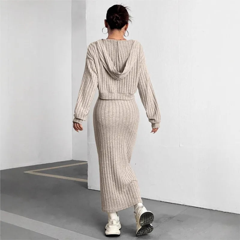 Maxy Women's New Fashion Suit Fall Winter Hooded Shawl Long-sleeve Sweatshirt Vest Short Skirt Slim Two-piece Set Suit Women Clothing