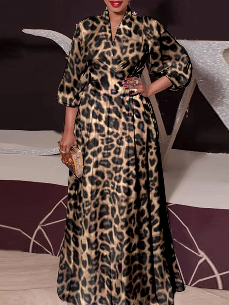 Maxy Plus Size 5XL Autumn Bohemian Dress Elegant Women Leopard Print Dress Long Lantern Sleeve Loose V Neck Casual Party