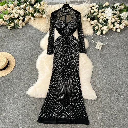 Amay Chic Elegant Long Sleeve Stand Collar Rhinestone Mesh Hollow Out Dresses High Waist Evening Party Women Autumn Ceremonial Dress