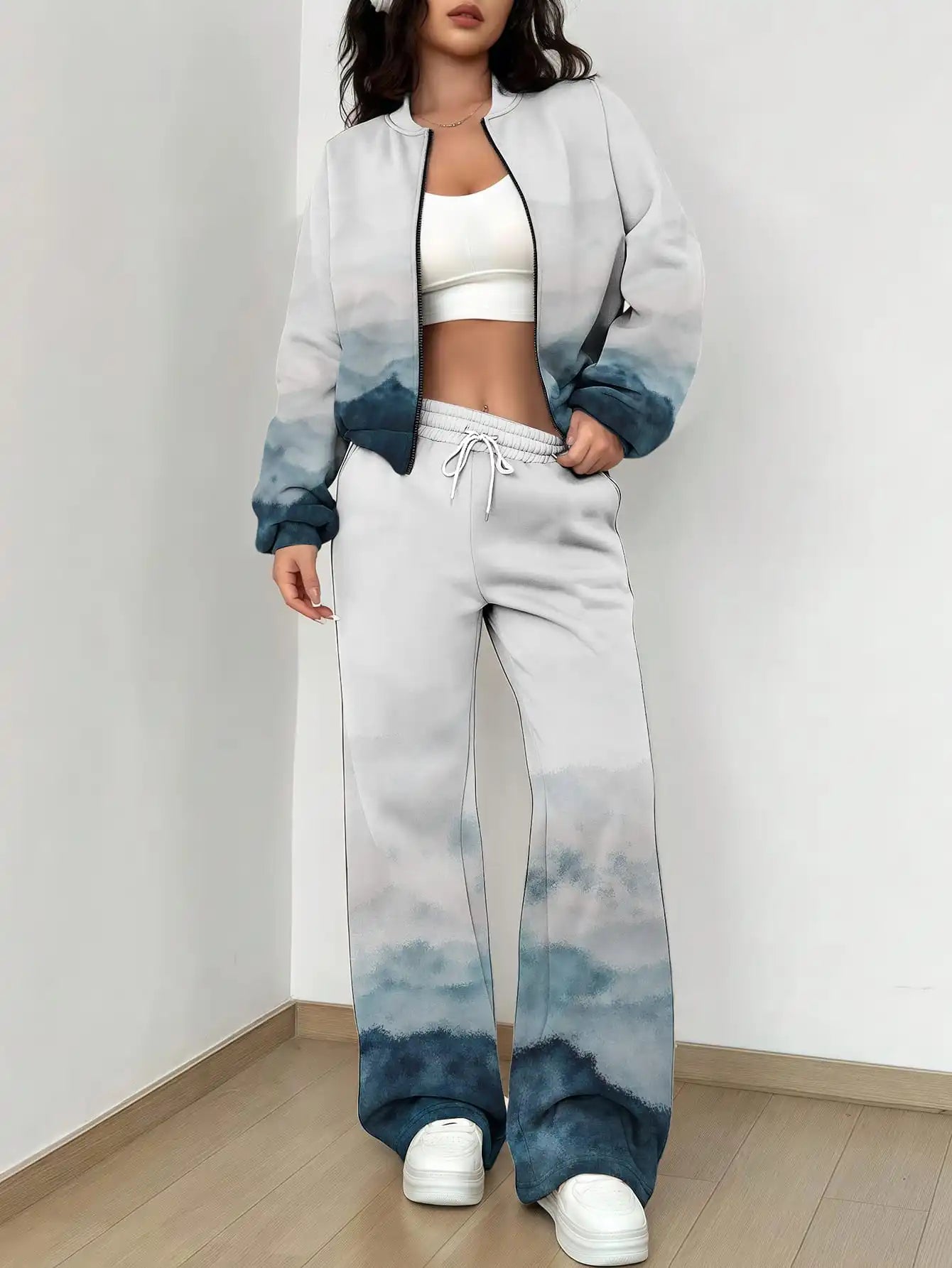 Maxy French Retro Floral Long Sleeved Zipper Jacket and Pants Set, Gentle and Stylish Two-piece Set