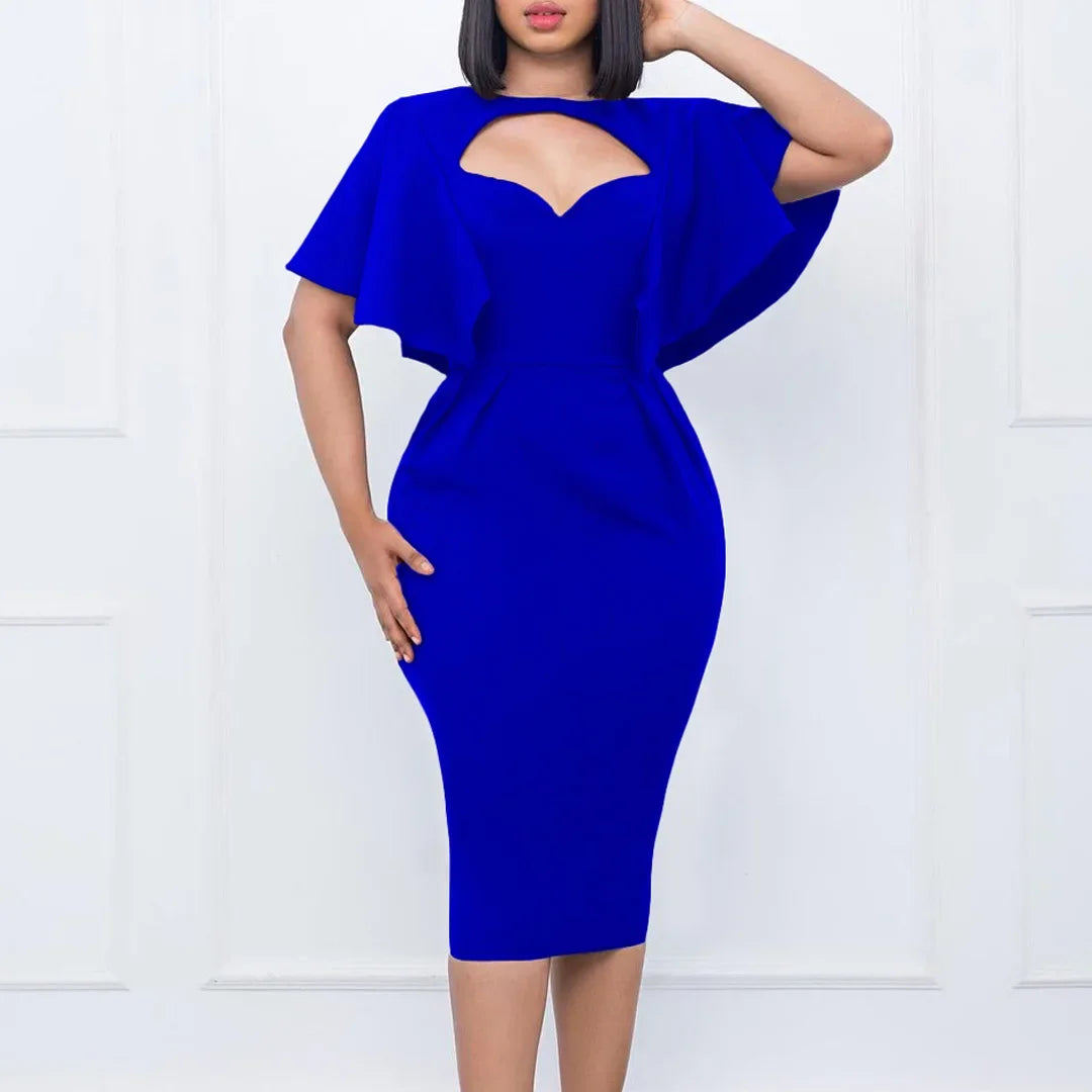 Amay Elegant Solid Backless High Waist Mini Dress Fashion Stand Collar Half Sleeve Hip Wrap Dress Temperament Ladies Hollow Out Dress