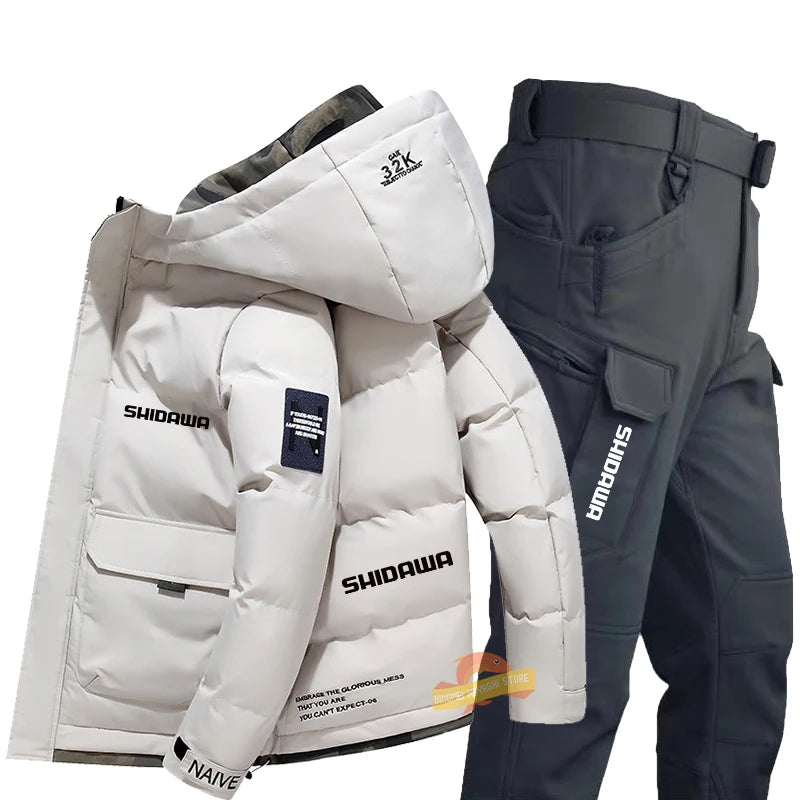 Maxy New Fishing Suit Men Winter Down Clothing Windproof and Coldproof Mountain Climbing Jacket + Waterproof Warm Pants Two-piece Set