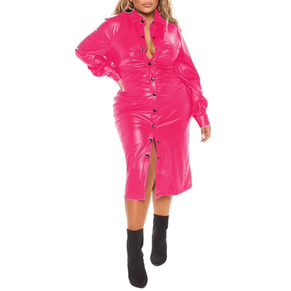 Maxy Plus Size Office Ladies Long Sleeved Dress Matte PU Leather Solid Color Lapel Button-Up Midi Dress Chic Elegant Women's Dresses