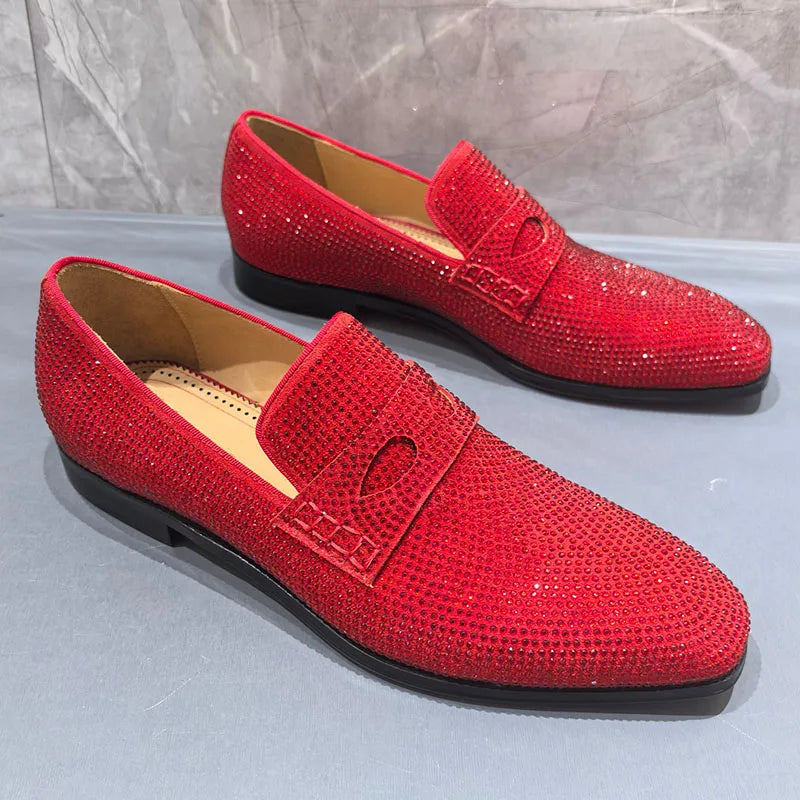 Visco Red Rhinestone Shoes Man Pointed Toe Eyes Decor Slip On Flats Male Fashion Wedding Shoes