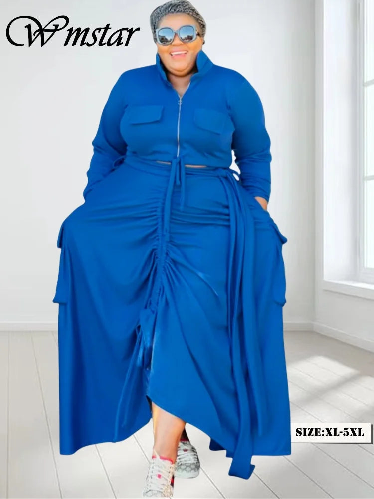Wmstar Plus Size Two Piece Sets Women Fall Clothing Solid Zip Up Tops and Dress Sets Bandage New Wholesale Dropshopping 2024