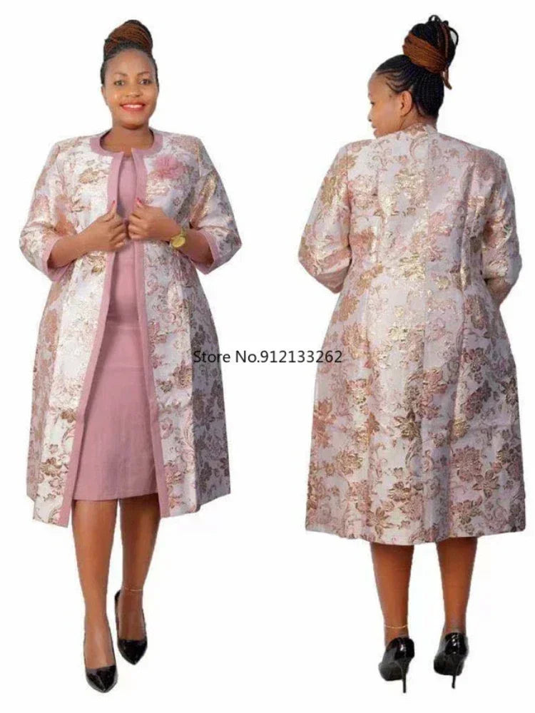 Maxy 2 Piece Set long Coat and Dress Christmas African Midi Dresses Women Bazin Riche African Clothing Dresses Africa Clothes