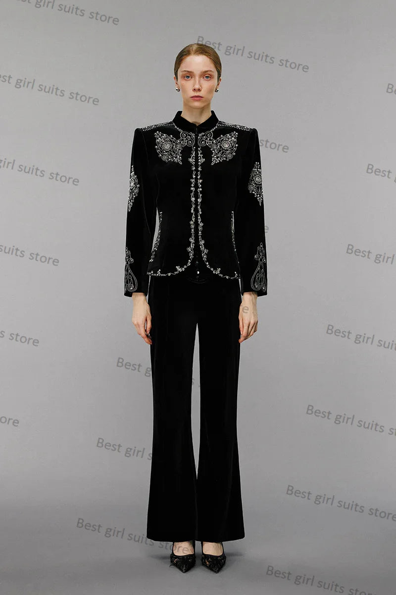 Maxy Luxury Beaded Women Suit Pants Set Black Blazer+Trousers 2 Pieces Formal Office Lady Jacket Coat Wedding Tuxedo Custom Made