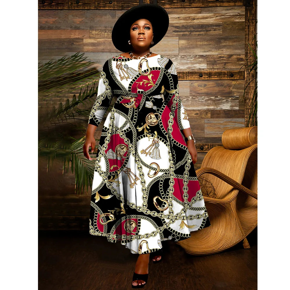 Amay Plus Size Print Elegant Dress Autumn Winter Female Loose Wide Long Robe Women Fashion Casual Cloth Large Size Party Dress