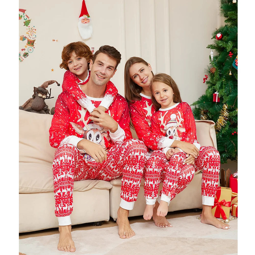 Maxy Christmas Family Matching Pajamas Set Father Mother Kids Red Cartoon Elk Print Sleepwear Adult Boys Girls Homewear Baby Rompers