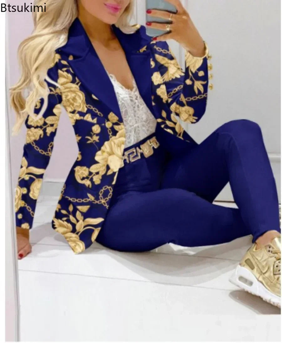 Maxy Women's Two Piece Set Formal Business Office Tracksuits For Women Outfits Elegant Blazer Suits Jacket + Pants Women Set Printted