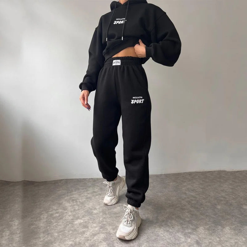Maxy Winter New Two Piece set Fleece Hoodie Pant Set y2k Sweatshirt Trouser Sportswear Set Workout Suits For Women Casual Hoodie Sets