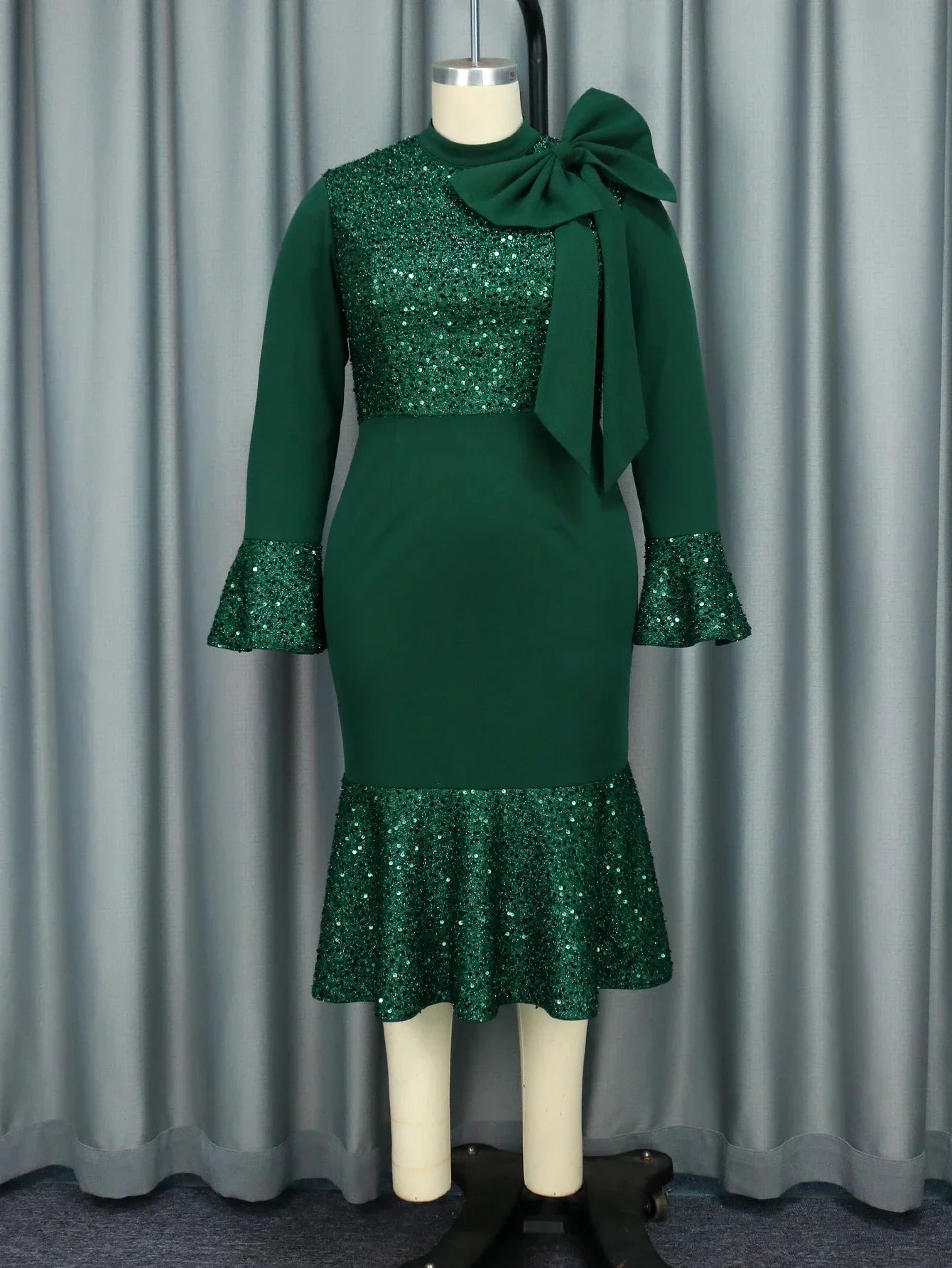 Women Autumn Winter Green Vintage Christmas Party Dress High Neck Bow Long Sleeve Glitter Patchwork Slim Fit Gowns Formal Event