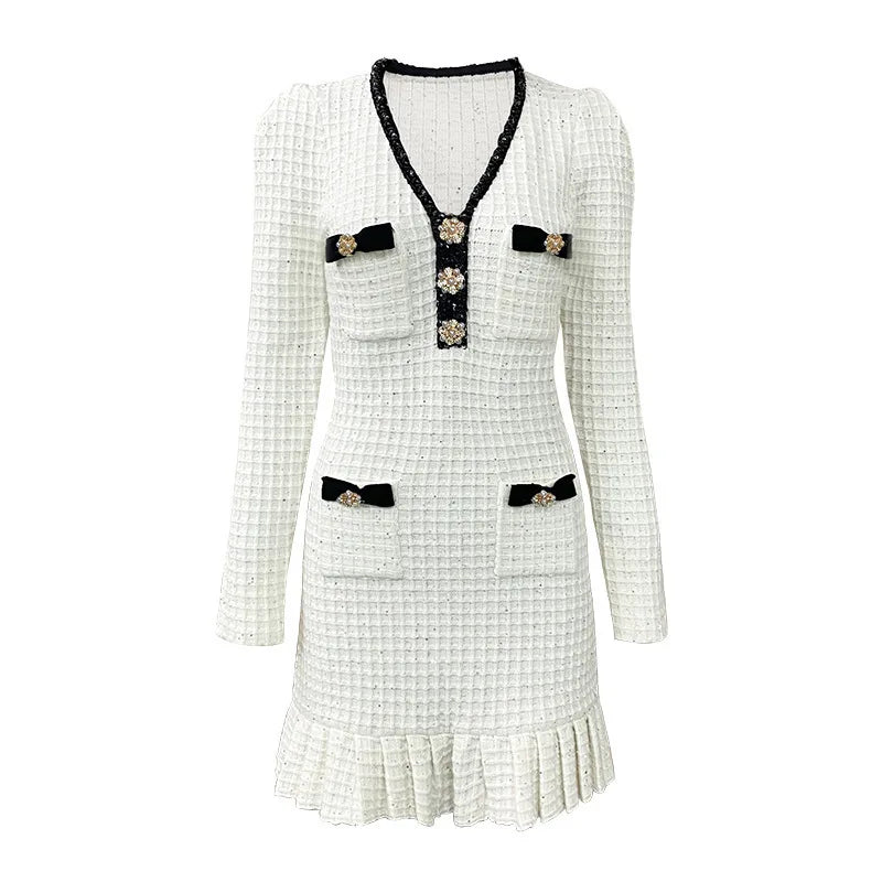 Maxy Luxury Autumn Long Sleeve White Sequin Short Dress Women's Knitted Waffle Mermaid Fishtail Crystal Button Evening Party Vestidos