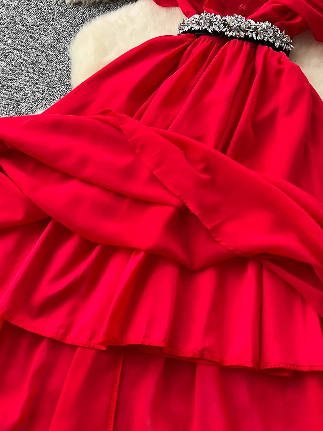 Maxy Spring Summer Women Red/Purple/Green Draped Chiffon Long Dress Vintage Round Neck High Waist A-Line Female Robe New