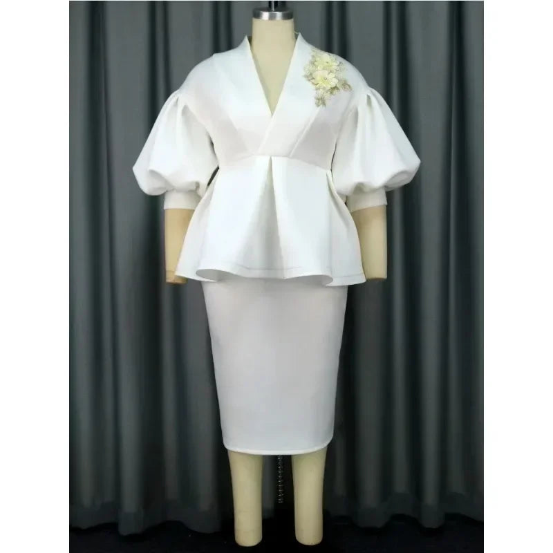 Amay Elegant Women White Dress Set 2 Piece Outfits Cute Peplum Ruffle Tops with Appliques Pencil Skirt Sets Office Work Wedding Guest