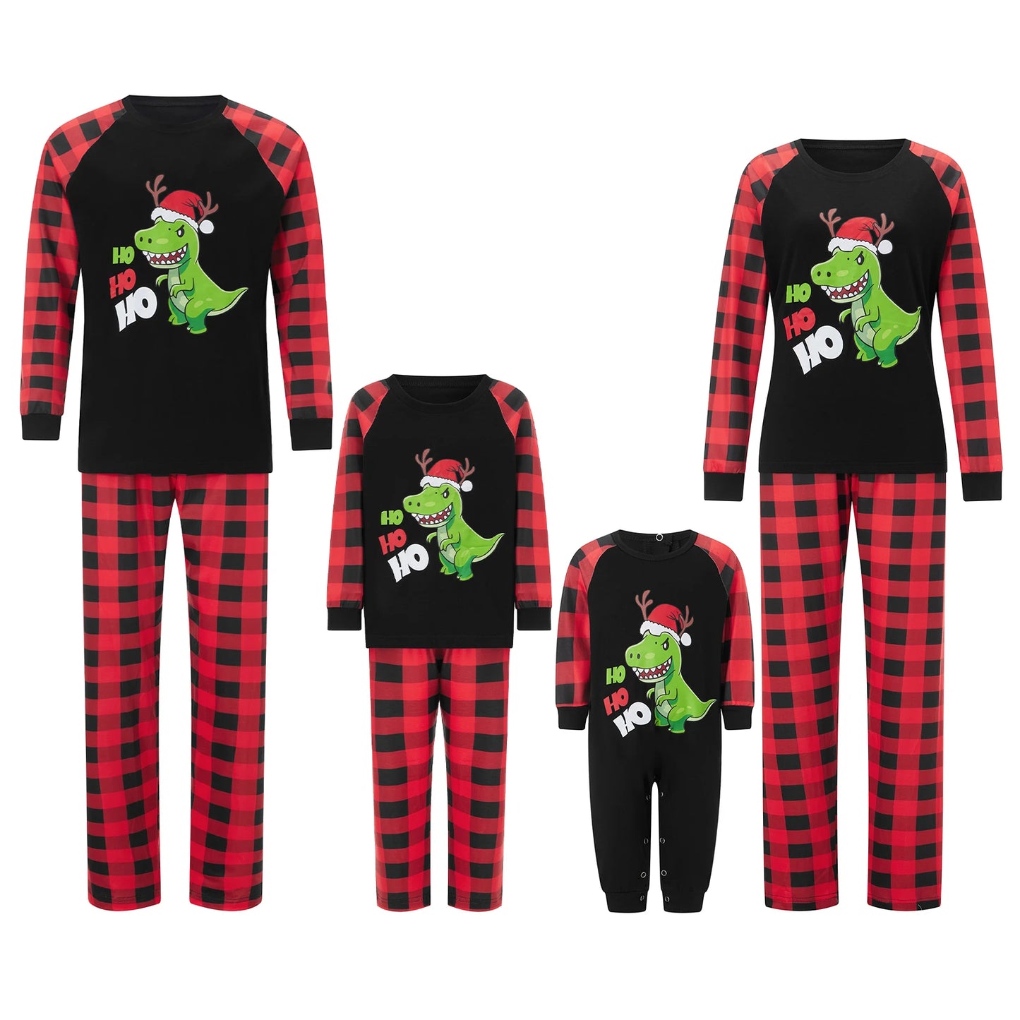 Family Matching Christmas Set Dinosaur Print Long Sleeve Round Neck Tops/Romper Plaid Trousers