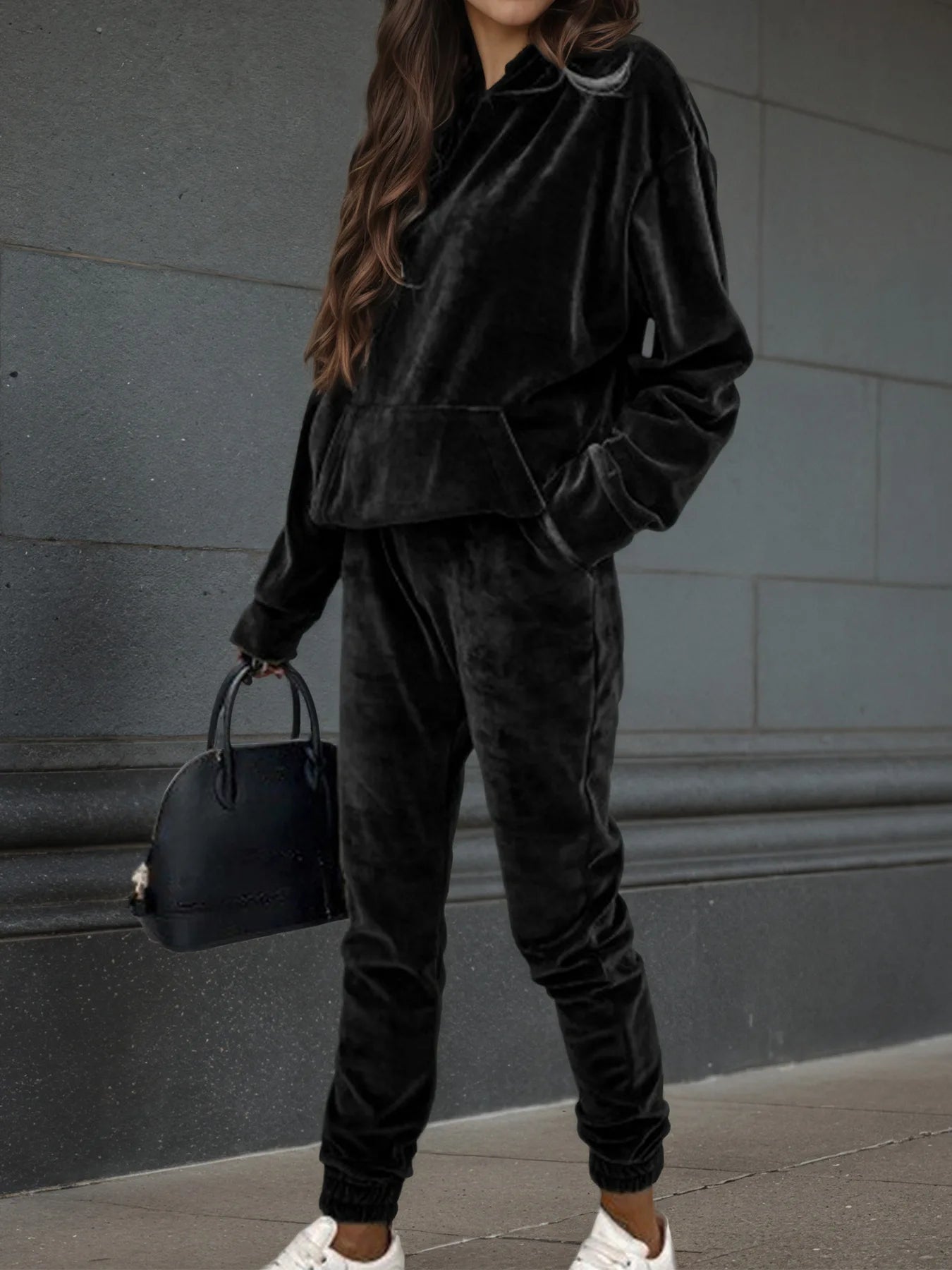 Maxy Autumn Winter Velvet Tracksuit Set Elegant Soft Pocket Pullover Top Female Loose Sweatsuit Pants Suit Two Piece Set Outfits