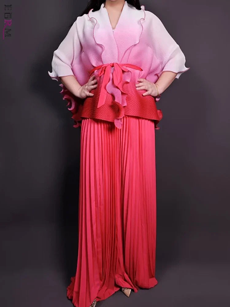 Amay Gradient Pleated Fashion 2 Piece Sets Belt Waist Batwing Sleeves Ruffles Tops A-line Long Dresses Elegant Party Set 32R1391