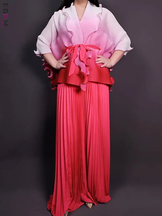 Amay Gradient Pleated Fashion 2 Piece Sets Belt Waist Batwing Sleeves Ruffles Tops A-line Long Dresses Elegant Party Set 32R1391