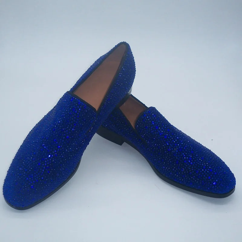 Visco LOUBUTEN Royal Blue Full Rhinestone Loafers Luxury Party And Wedding Shoes Men Crystal Shoes Slip On Flats Dress Shoes