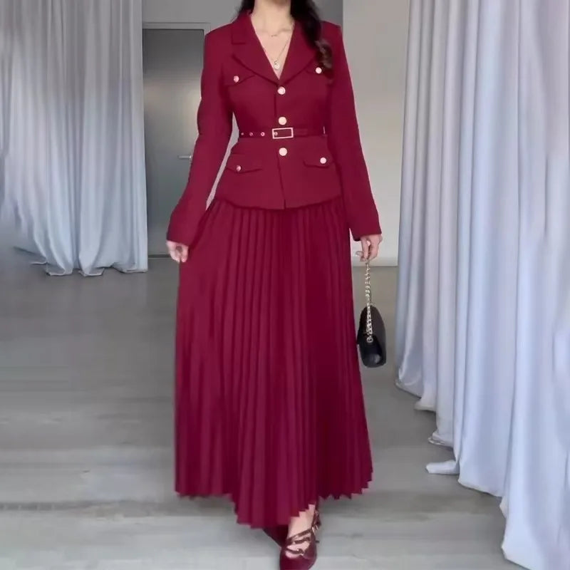 Amay Elegant Women Two Pieces Set Single-breasted Lapel Jacket Coat Belt Pleated Midi Skirt Suit office Lady New In Matching Set