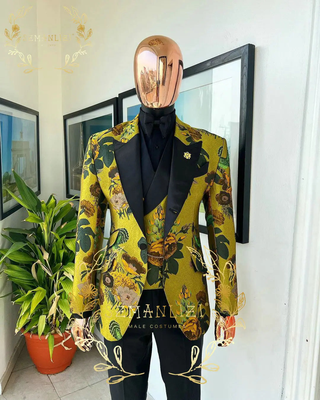 Visco Handsome Blue Gold Floral Rim Stage Men Suit Set Stand Collar Men's Suits (Jacket+pants+vest)