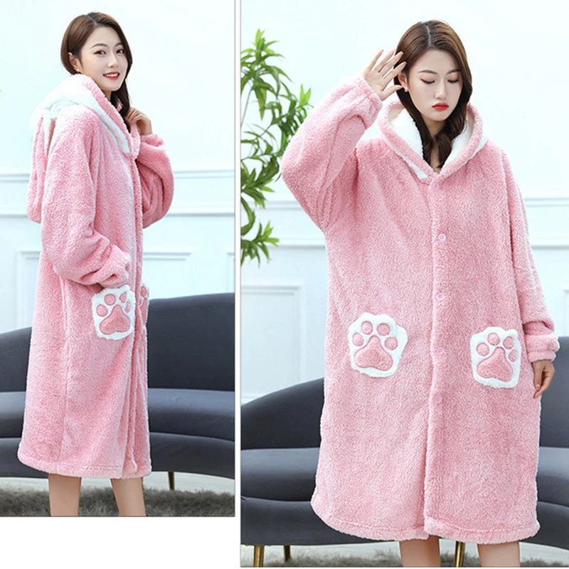 Babs Cute Pink Rabbit Cosplay Sleepwear Flannel Nightgown Cartoon Soft Pajamas Nightdress Plush Hooded Bathrobes Home wear Loungewear