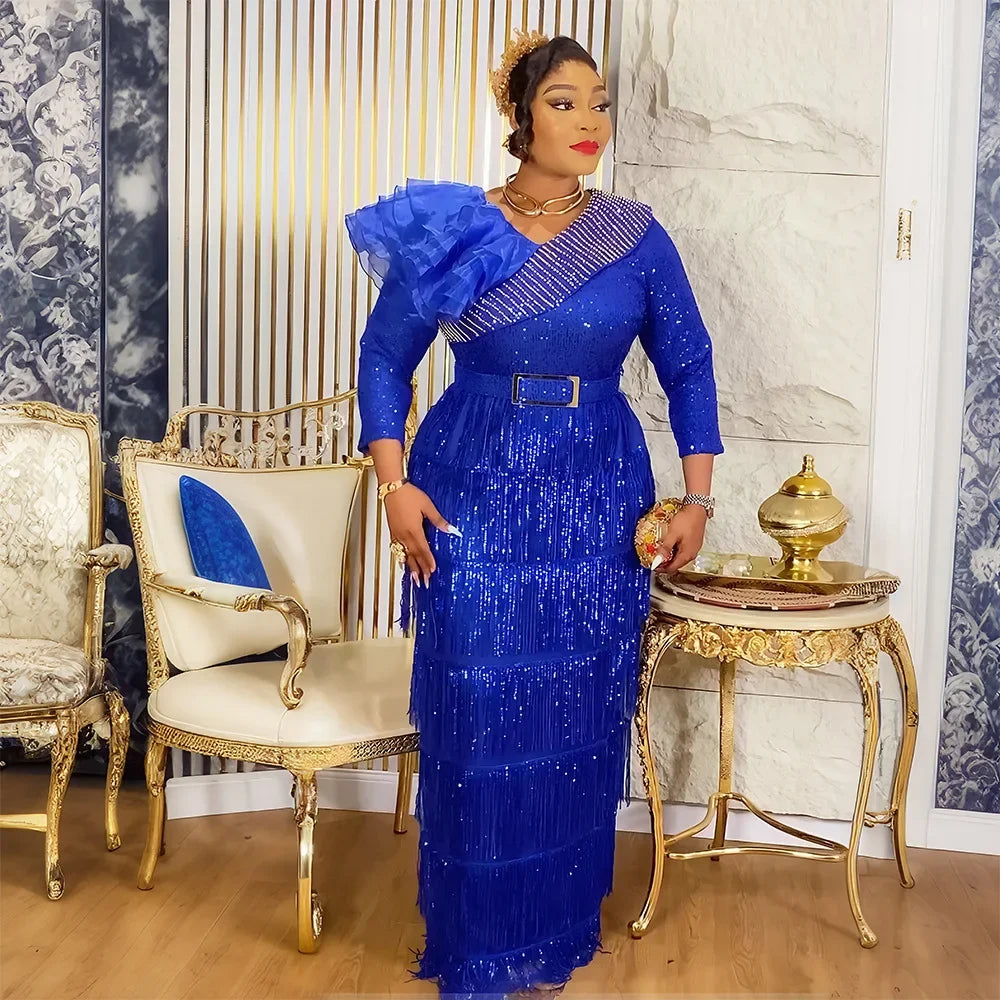 Maxy Plus Size African Party Dresses for Women New Dashiki Tassel Sequin Wedding Evening Gown Elegant Muslim Maxy Dress Outfits