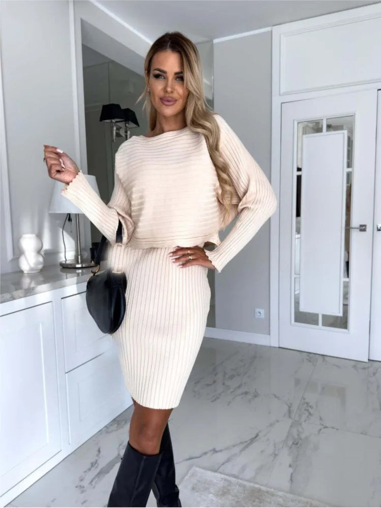 Maxy Fashion Long Sleeve Knitted Sweater And Dress Two Piece Sets For Women Autumn Winter Outfits Warm Sexy Bodycon Drsses Sets