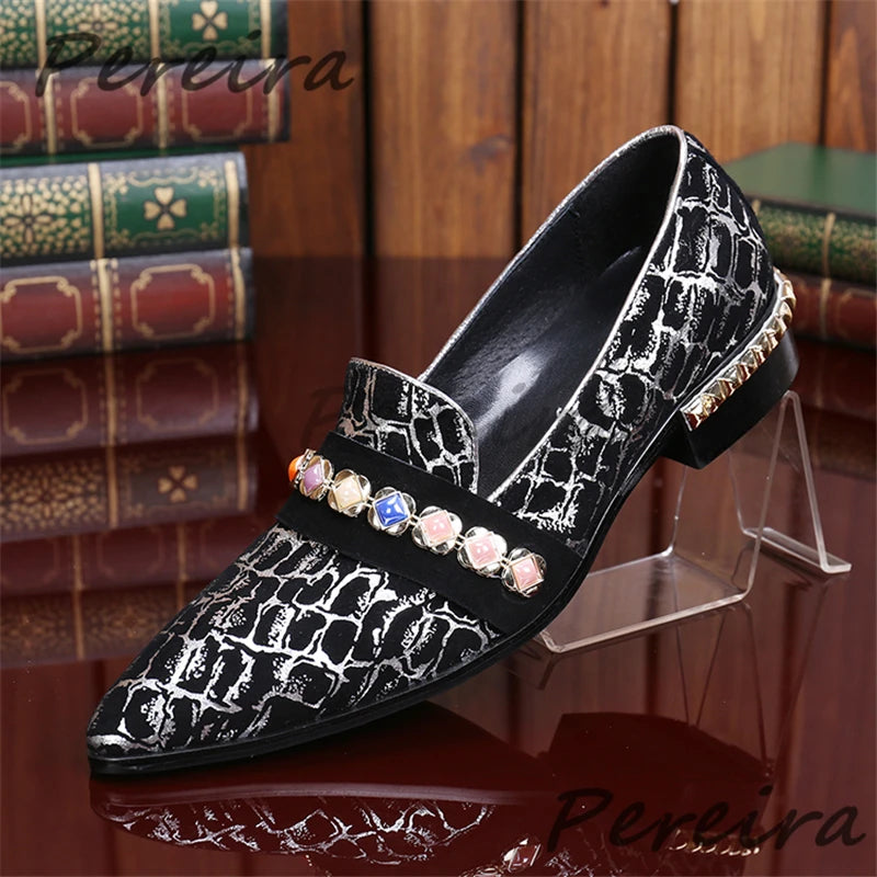 Visco Genuine Leather Snake Patterned Men Shoes Fashion Rhinestone Strap Metal Decor Loafers Pointy Toe Med Heel Casual Business Shoes