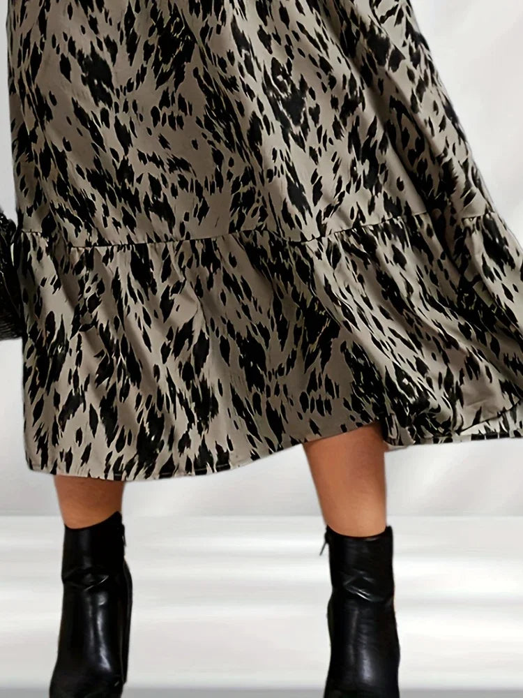 Maxy Plus Size Allover Print Flounce Sleeve Ruffle Hem Dress Without Belt