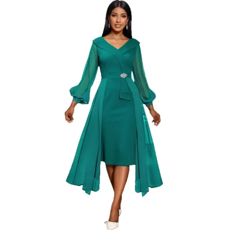 Maxy Dashiki African Dresses for Women Elegant African Autumn Long Sleeve V-neck Party Evening Bodycon Dress Christmas Gowns Outfits