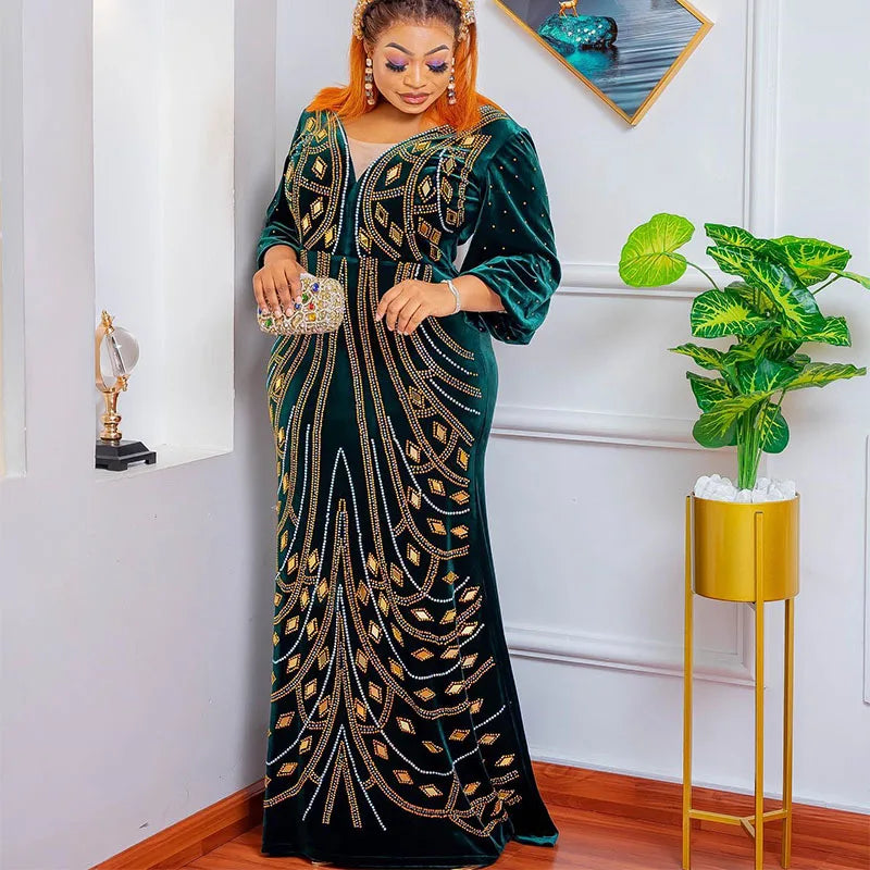 Amay Luxury Diamond Beaded Velvet Formal Party Long Dresses Elegant Women V Neck Lantarn Sleeve Solid Prom Gowns Clothing
