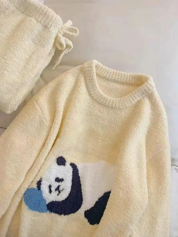 Maxy Winter Cute Panda Flannel Pamas Set Women Kawaiii Pattern Sleepwear For Girl Fashion Pullover Veet Woman's Pijamas