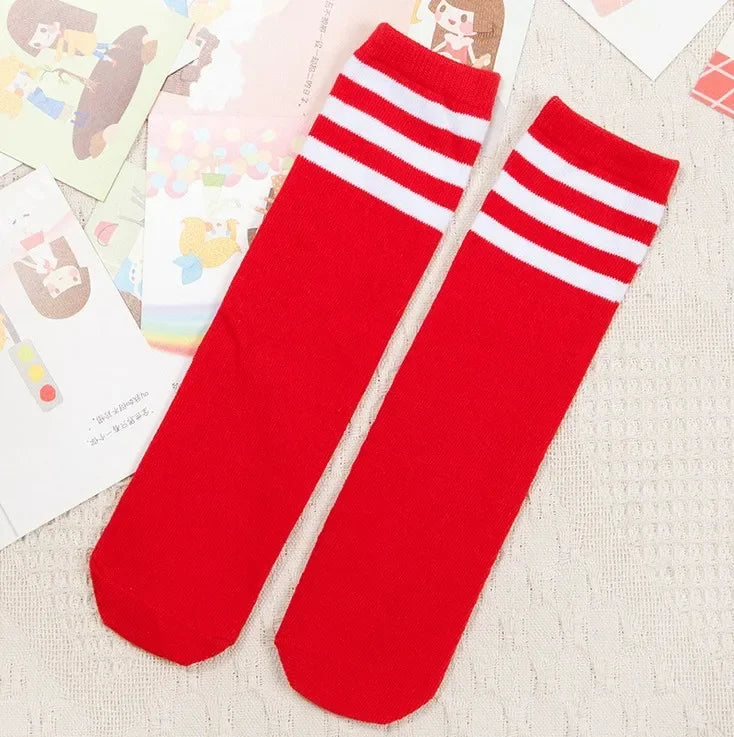 Maxy Kids Knee High Socks Girls Boys Football Stripes Cotton Sports School White Socks Skate Children Baby Long Tube Leg Warm