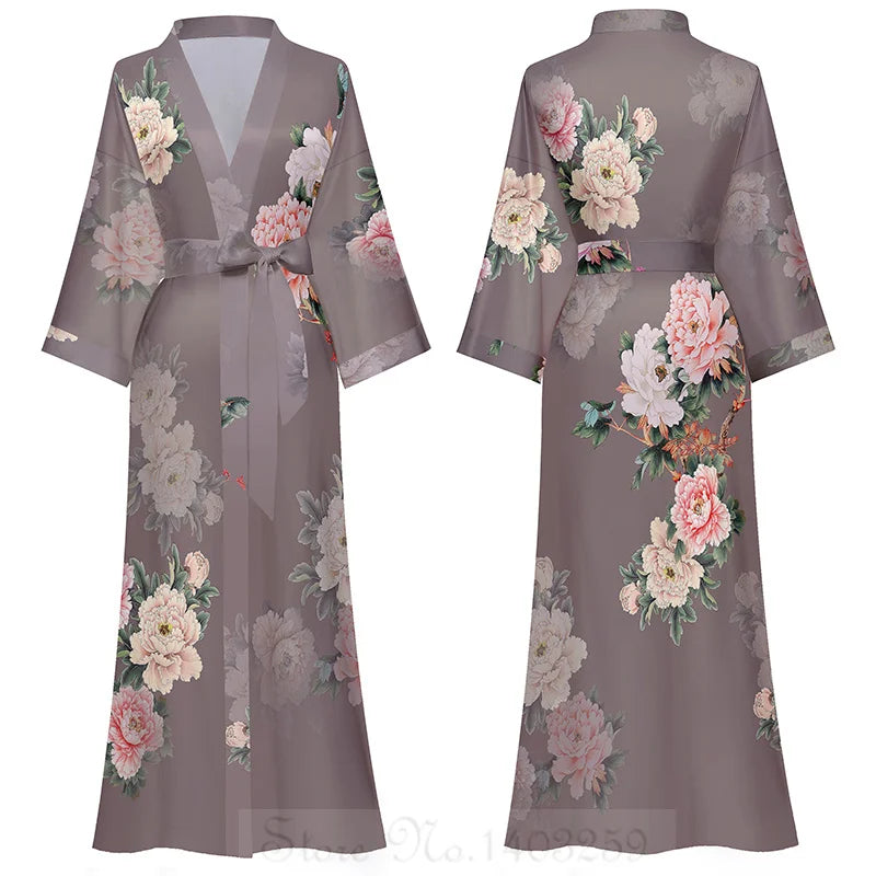 Maxy Japanese Style Half Sleeve Kimono Bathrobe Gown Female Long Robe Nightgown Sleepwear Loose Satin Print Flower Home Dressing Gown