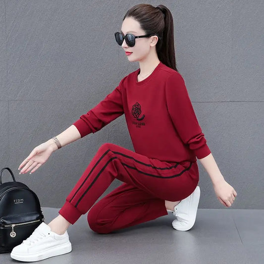 Zay Women's Round Necked Sports Suit Spring And Autumn New Fashion Korean Long Sleeve Crop Top And Pants 2 Two Piece Set For Women