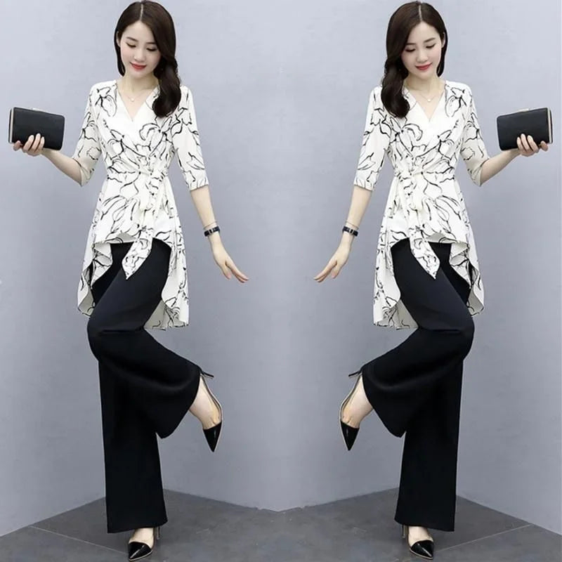 Maxy Women Two Piece Sets New Spring Summer Chiffon Print Top High Waist Wide Leg Pants Casual Fashion Suit Female Plus Size Clothing